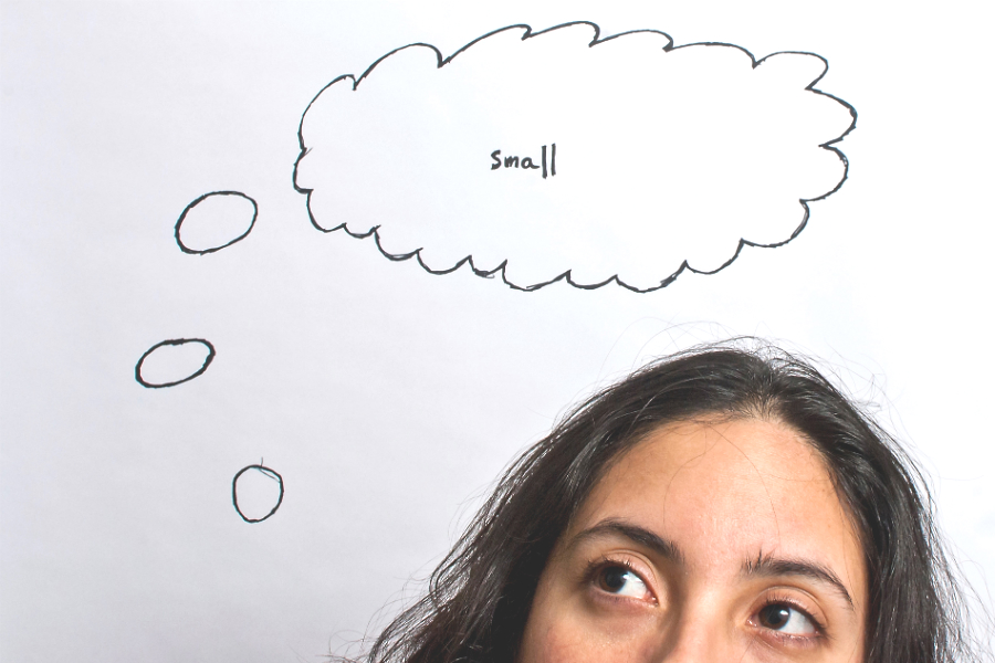 picture of woman with thought bubble with word small - major gift