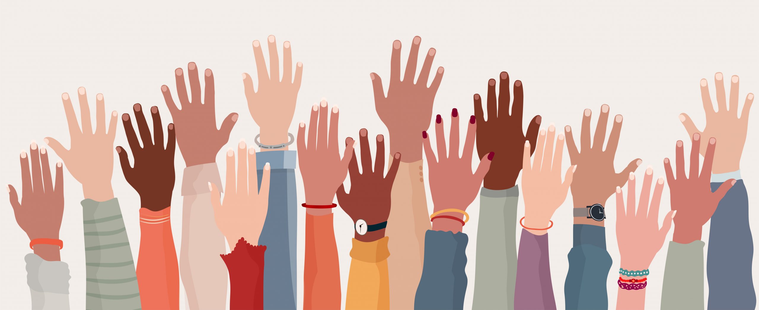 Hands with diverse skin tones reach upward together, symbolizing commitment to racial justice.