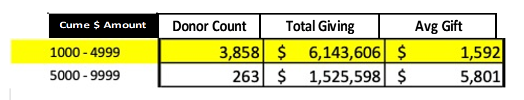 A table shows the donor count at different cume giving levels.