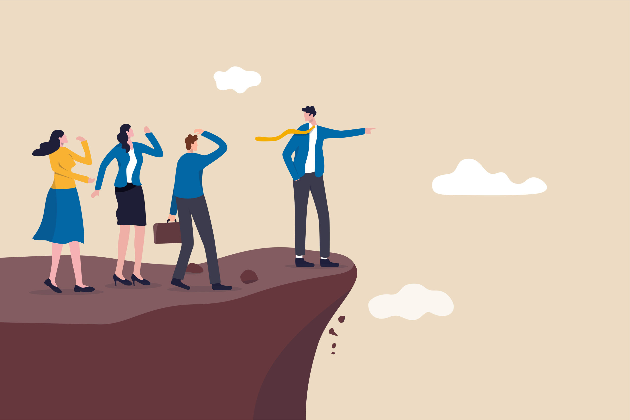 An illustration of a non-profit leader without broad experience who is directing his staff over a cliff. Your Inexperience Is Hurting You: A Cautionary Tale (Part 3 of 3)