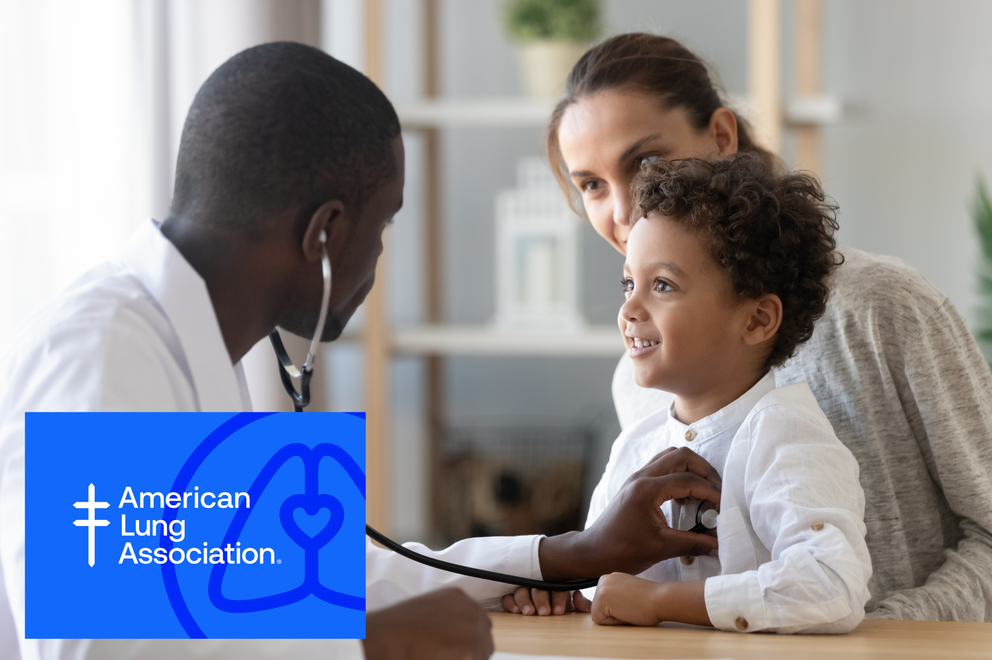 A child at a doctor's visit with his mother, featuring the logo of the American Lung Association, a Veritus client.