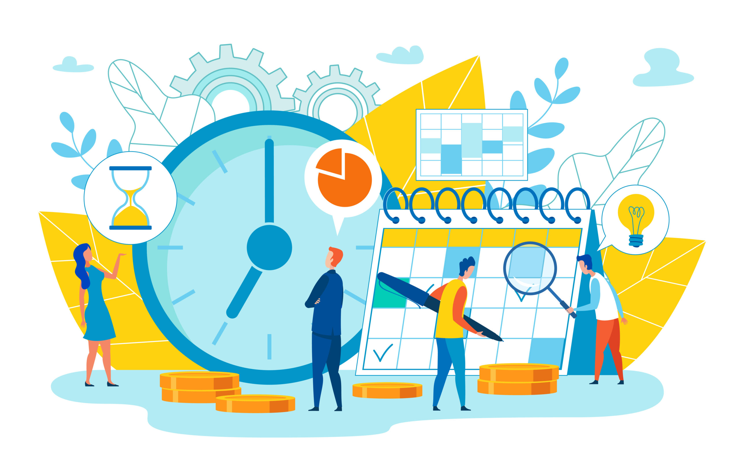 Vector illustration of business professionals staring at large clock and creating master schedule. A Great Frontline Fundraiser Won’t Work 9-5]