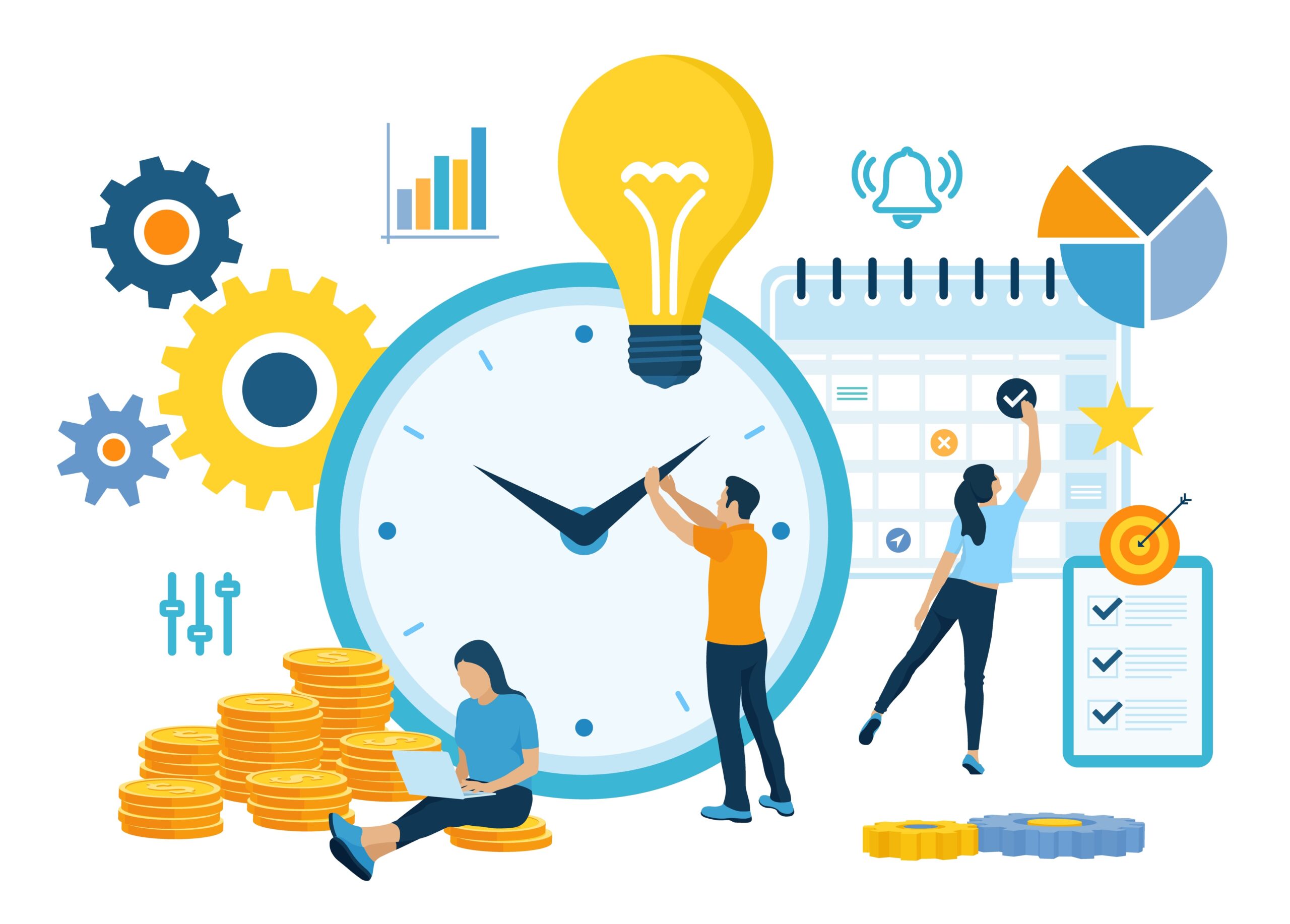 Vector illustration depicting interrelated concepts of time management, planning, and financial success. [Being a Frontline Fundraiser is NOT a 9 to 5 Job!]