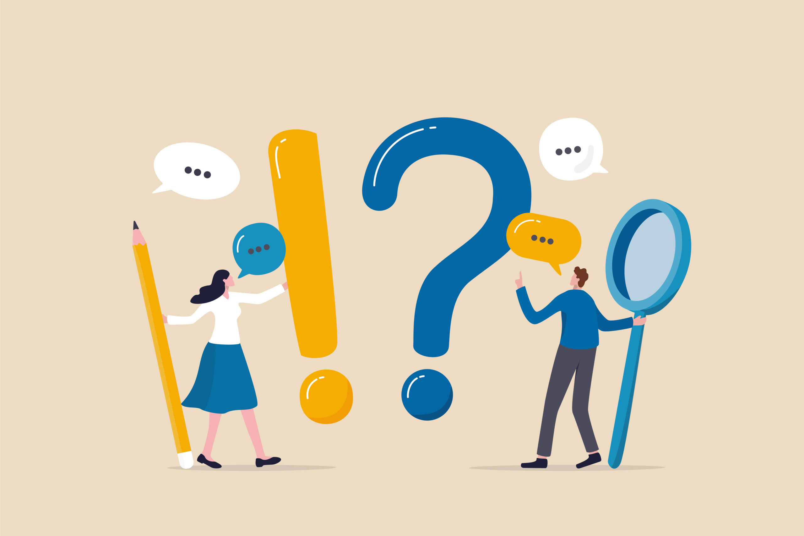 Vector image of man and woman holding a magnifying glass and pencil, respectively, while looking up at an exclamation mark and a question mark [Q&A Part 2: More Questions About Mid-Level]