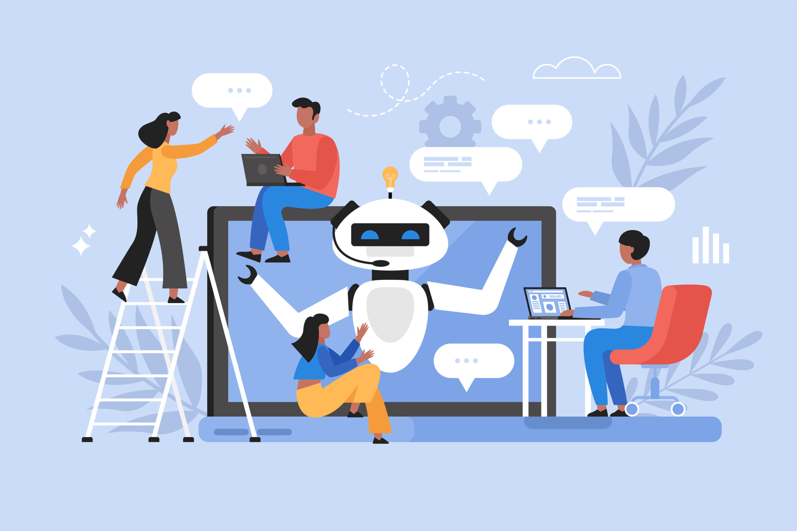Modern vector illustration of people using AI technology and talking to chatbot on website. [ChatGPT Did NOT Write This Headline (But It Probably Could Have)]