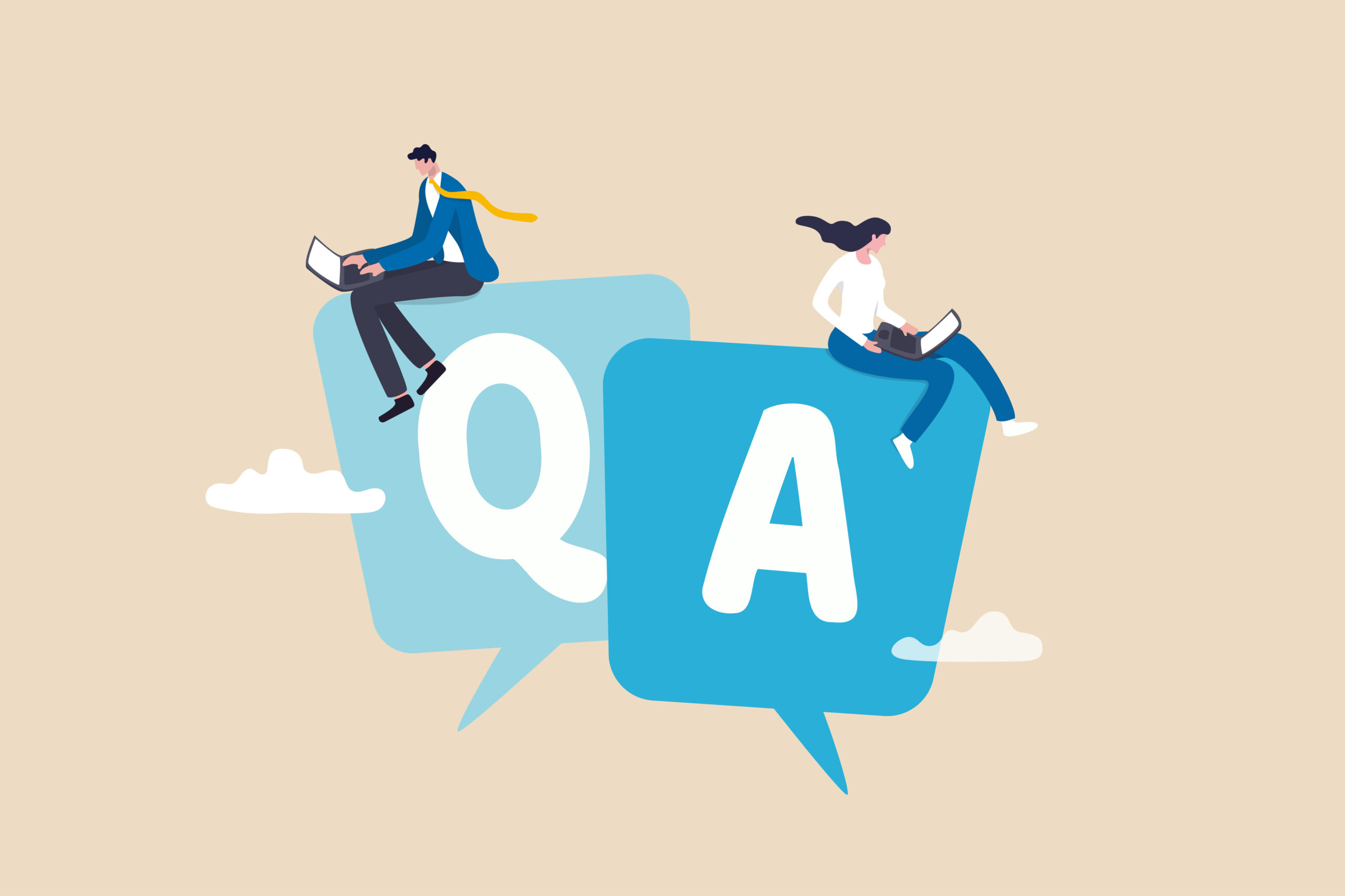 Vector image of man and woman sitting atop speech bubbles labeled "Q" and "A" [Q&A: Answering Your Top Questions About Mid-Level]