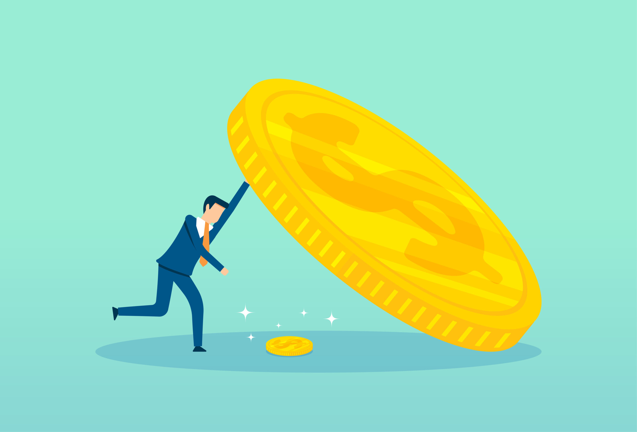 Vector illustration of a man in a suit lifting up a large coin to reach for a small coin that sits underneath. [Are Your Asking Amounts Soul-Sucking?]