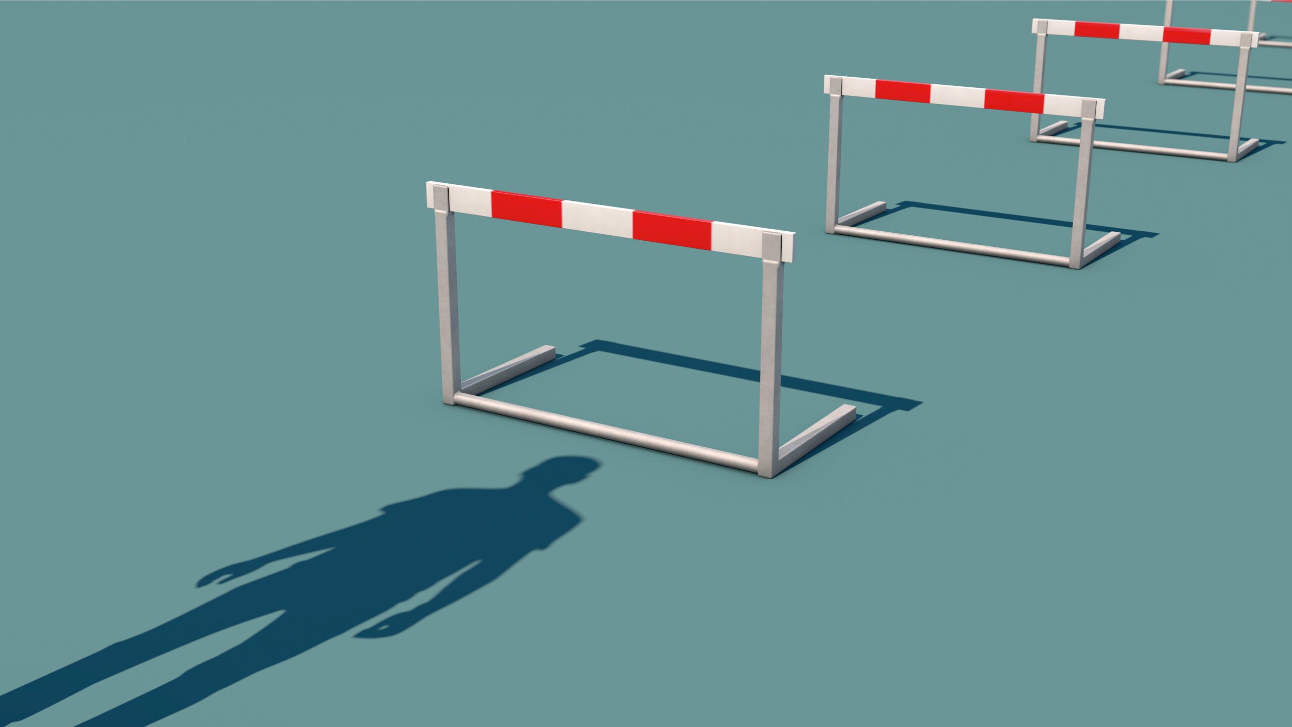 A person's shadow approaches a line of hurdles [18 Barriers to Effective Relational Fundraising]
