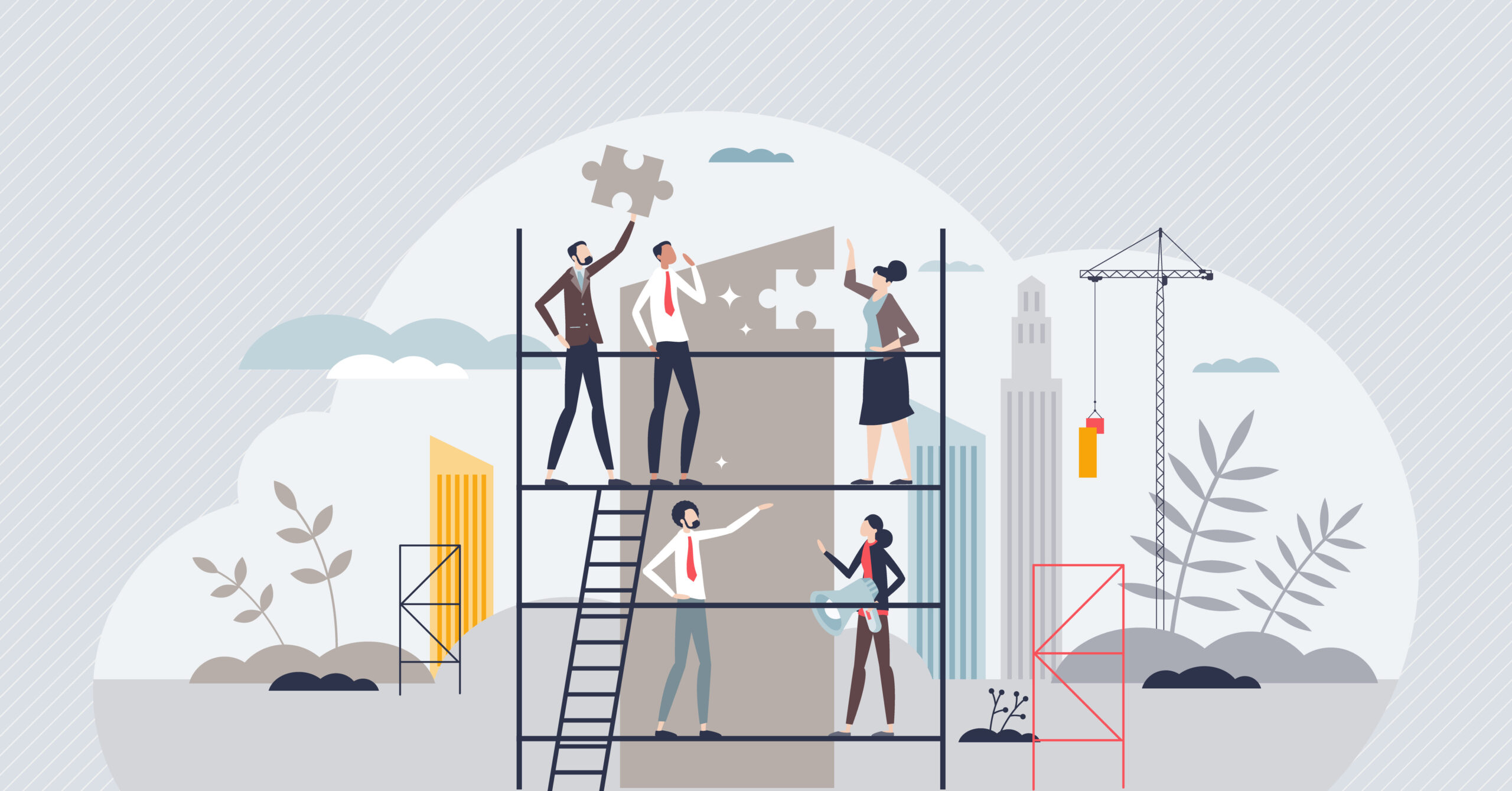 An illustration of people working on a structure together [It's a Strategy, NOT a Department]
