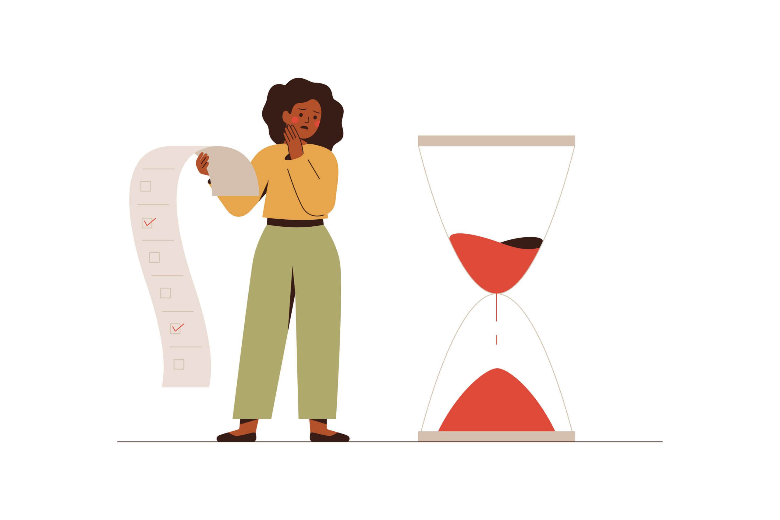Vector illustration of fundraiser looking at hourglass with anxiety; concept of time management [The Startling Reality of What Little Time You Have to Work With Donors]