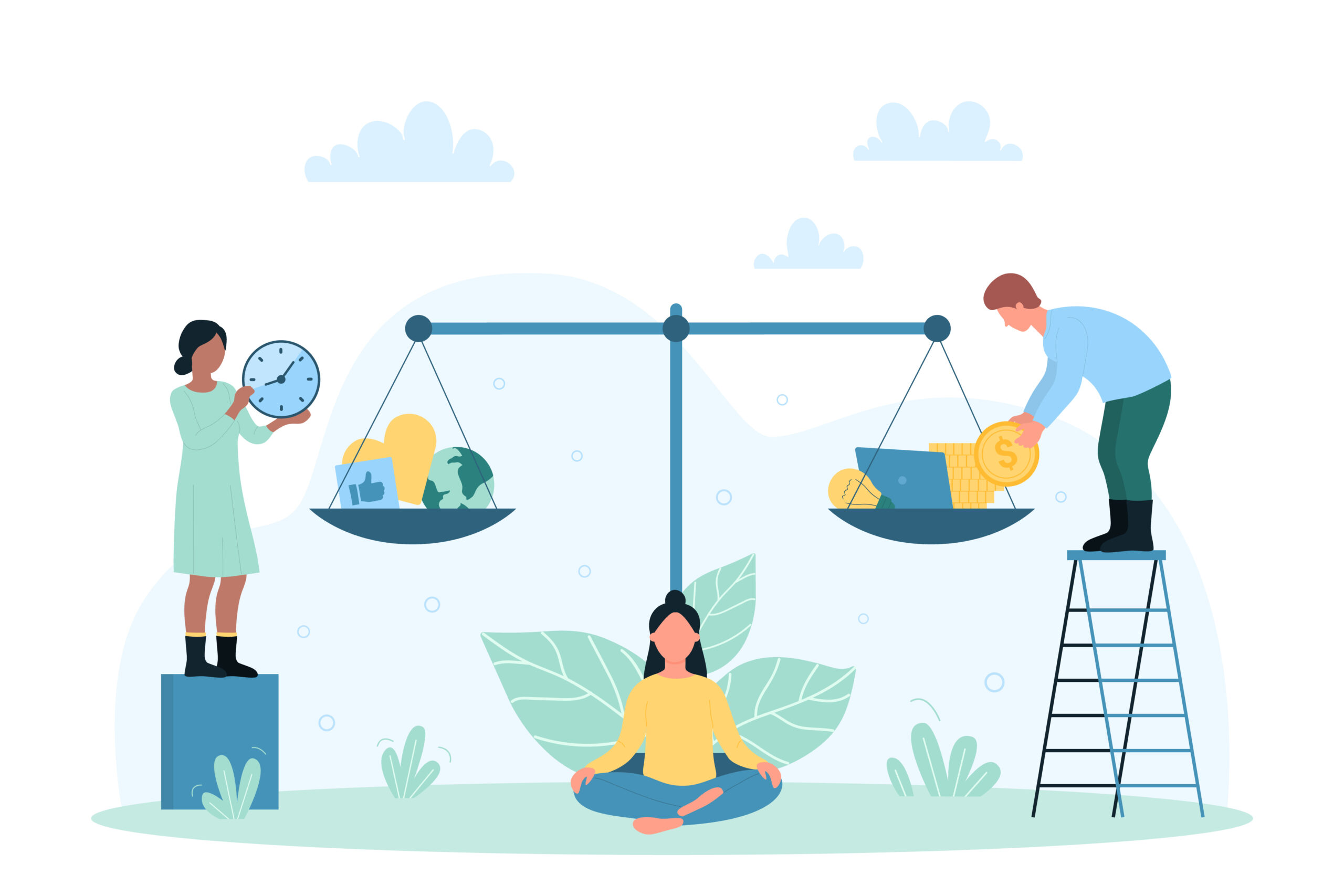 Vector illustration of balancing competing life interests and practicing self-care. [Five Ways to Make Space for Self-Care in the Non-Profit Sector]