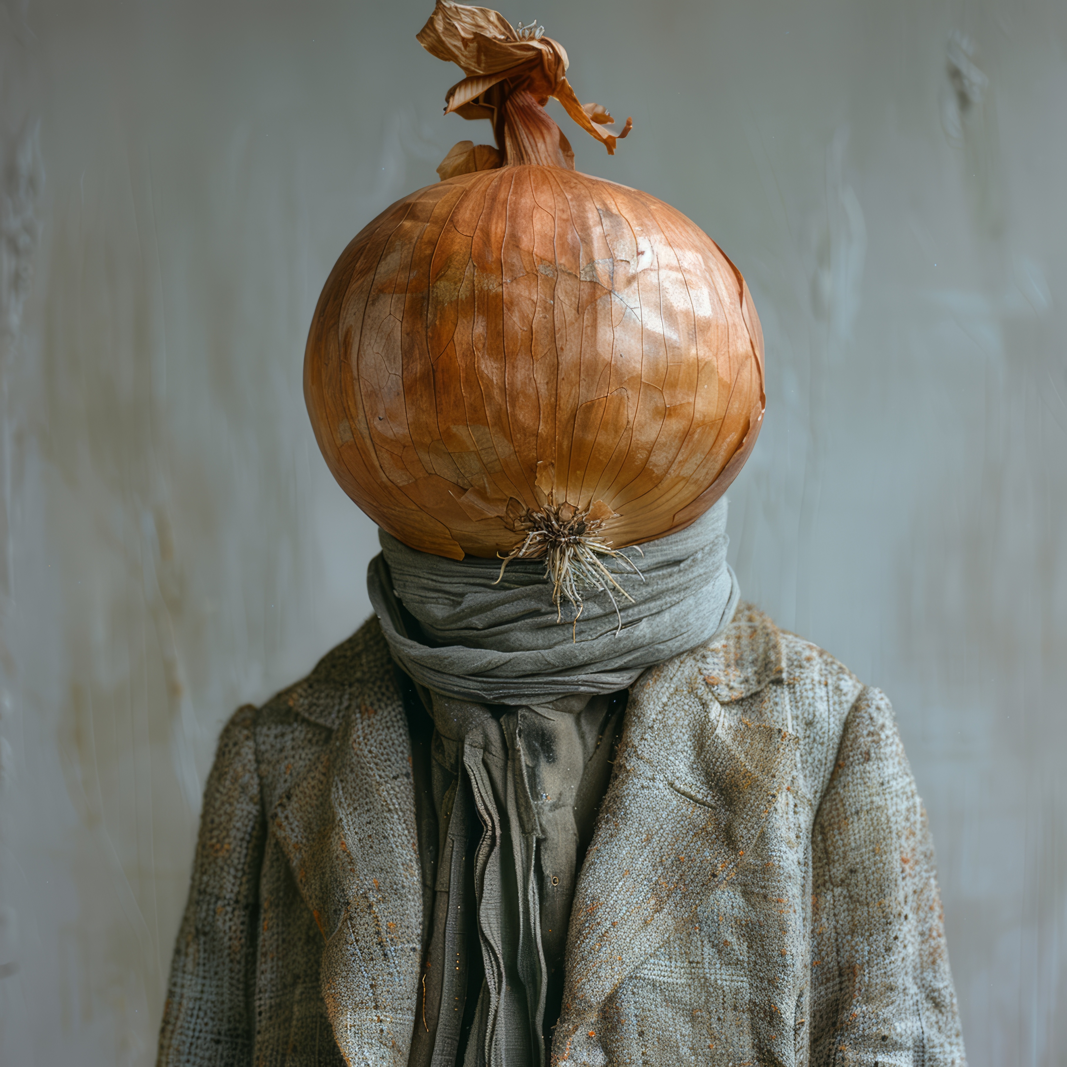 Onion head man. Portrait of a person with an onion bulb in place of head. [How to Deal with an Onion Donor]