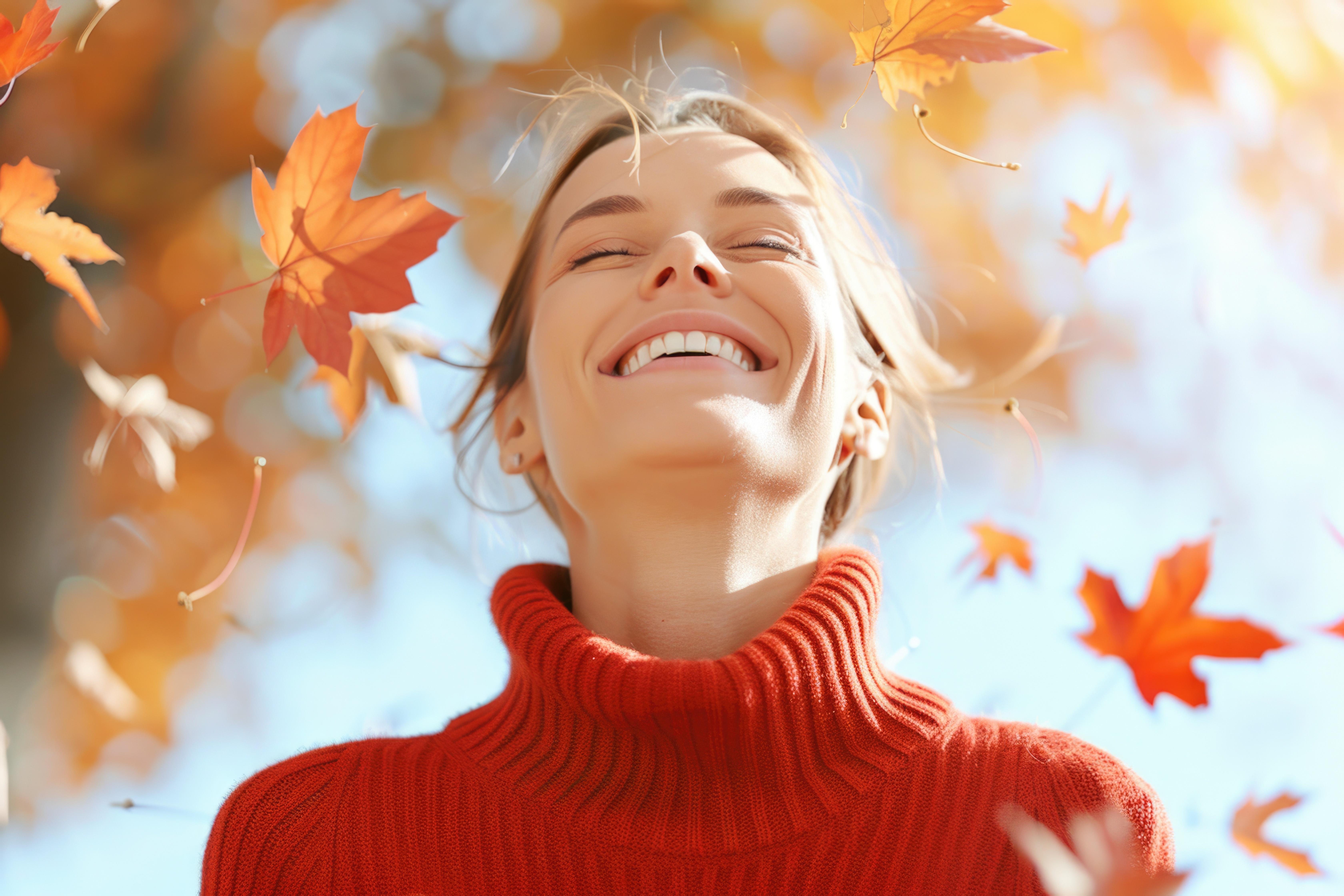 A woman in a red sweater stands with her head tilted back, smiling as she is showered by falling autumn leaves in September.